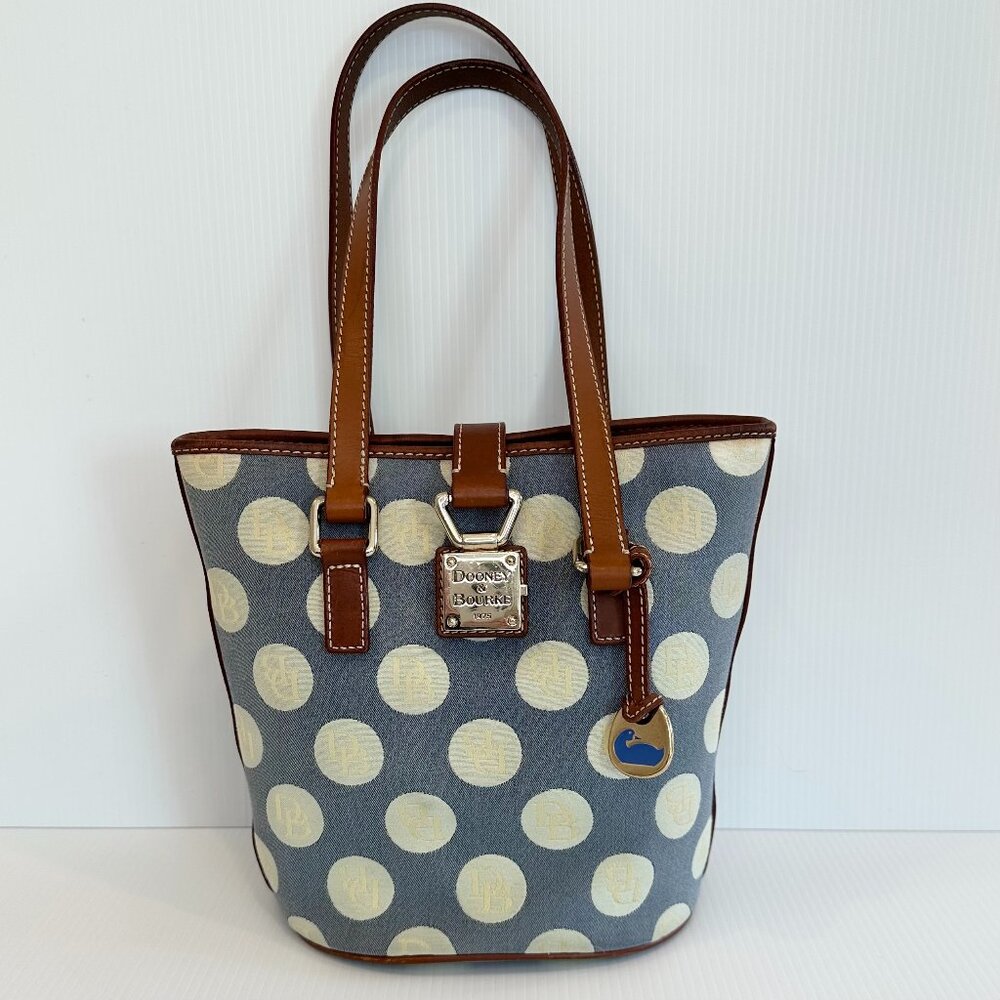 Dooney & Bourke Signature Polka Dot Bucket Tote Blue and White Canvas Y2K Preppy